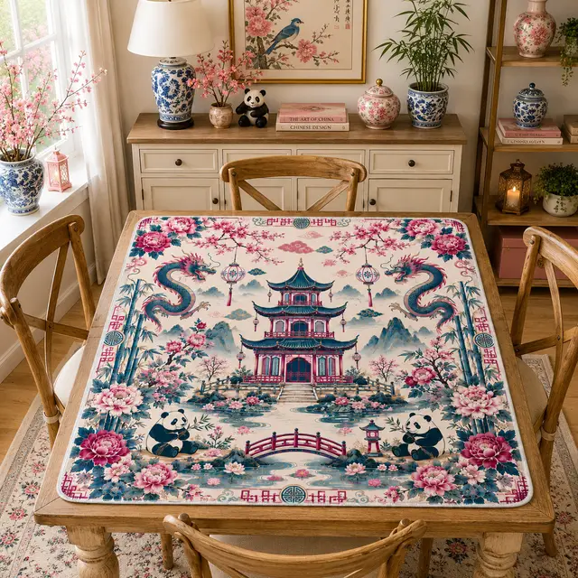 Splash Of Mahj And Color Co. Playful Pandas And Dragon Chinoiserie Pagoda Mahjong Mat Blue And Mauve