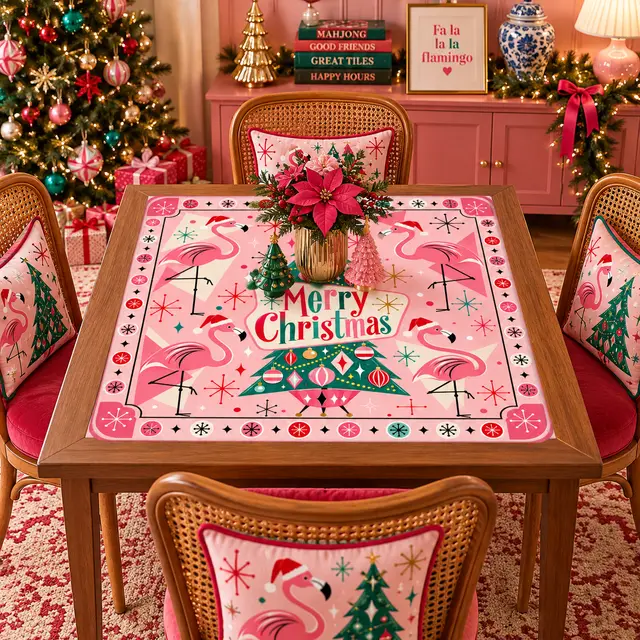 Splash Of Mahj And Color Co. Santa's Pink Flamingos Modtastic Christmas Mahjong Mat