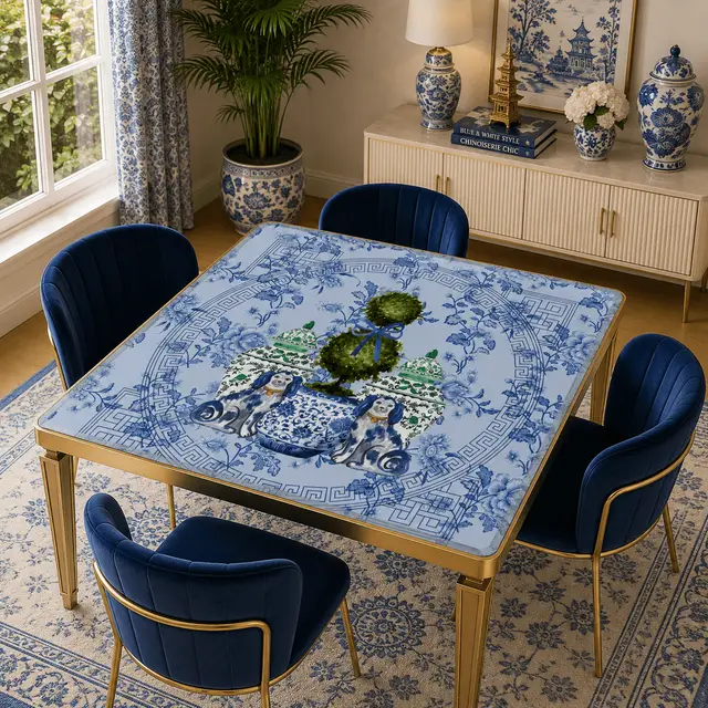 Splash Of Mahj And Color Co. Staffordshire Dogs, Blue Chinoiserie Floral Mahjong Mat