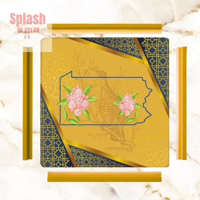 Splash Of Mahj And Color Co. State Of Pennsylvania Elegant Blue, Gold, Mountain Laurel, Ruffed Grouse Bird Mahj Game Mat