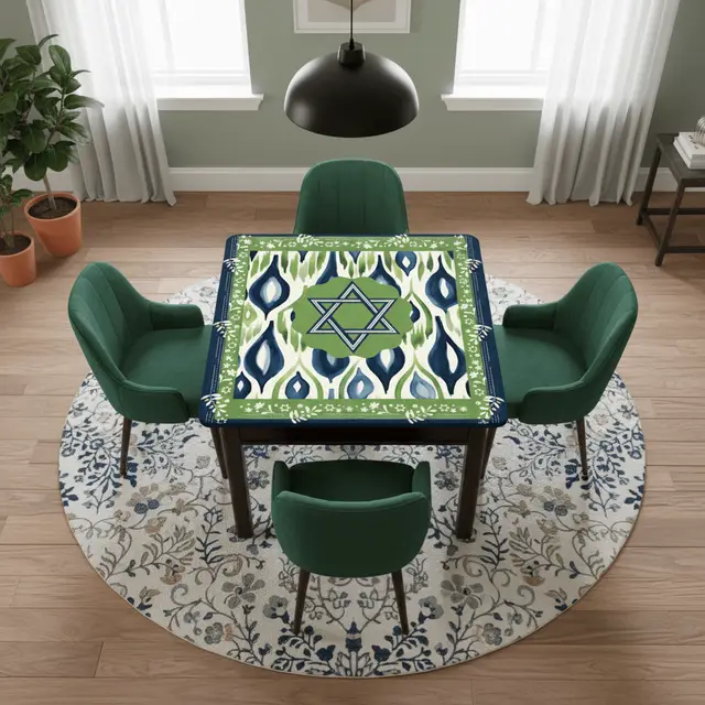 Splash Of Mahj And Color Co. The Star Of David Jewish Watercolor Ikat, Green, Blue Mahjong Mat