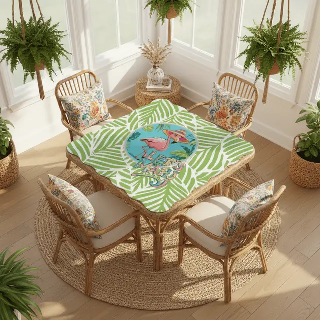 Splash Of Mahj And Color Co. Tropical Flamingo Green And Pink Scalloped Mahjong Mat