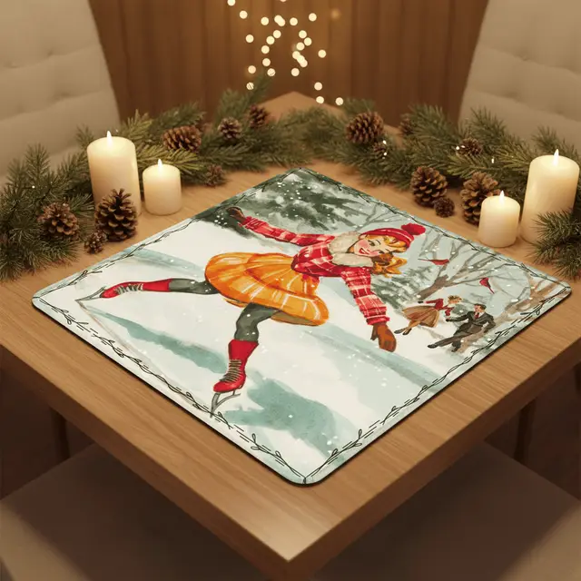 Splash Of Mahj And Color Co. Vintage Holiday Card Iceskating Winter Wonder Land Mahjong Mat
