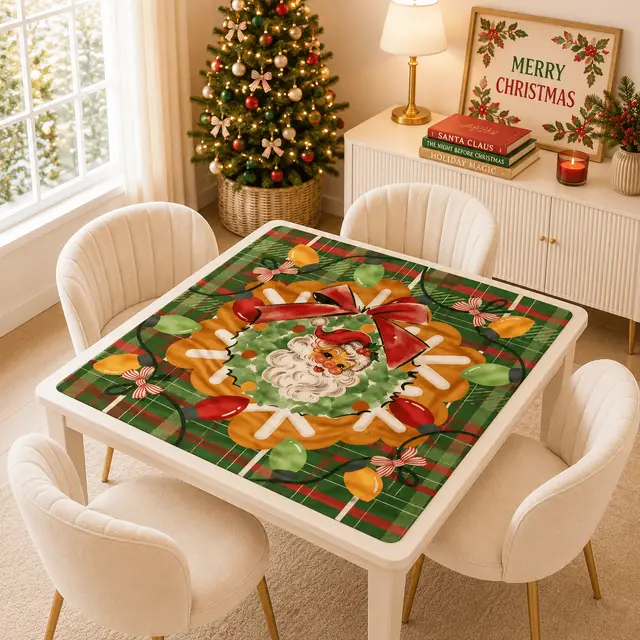 Splash Of Mahj And Color Co. Vintage Santa Mahjong Christmas Mat, Green Red Plaid Full of Whimsy And Charm