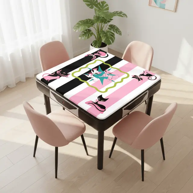 Splash Of Mahj And Color Co. Whimsical Kitty Land, Pink Black Feline Fine Mahjong Mat