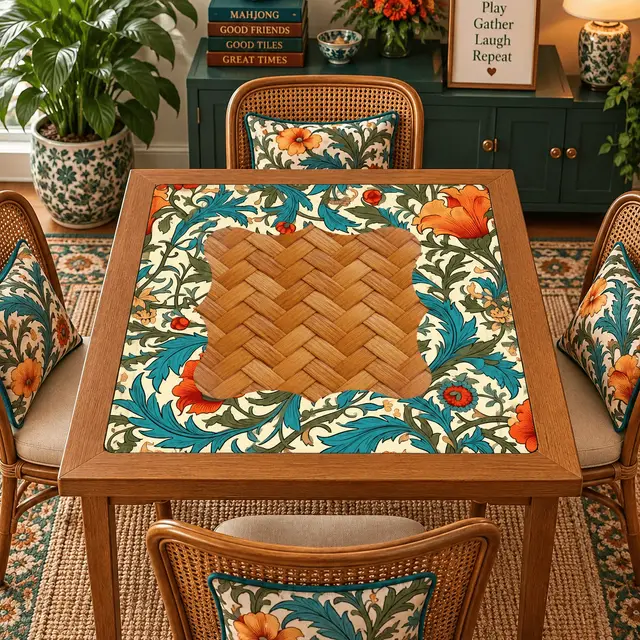 Splash Of Mahj And Color Co. William Morris Inspired Floral And Woven Basket Mahjong Mat