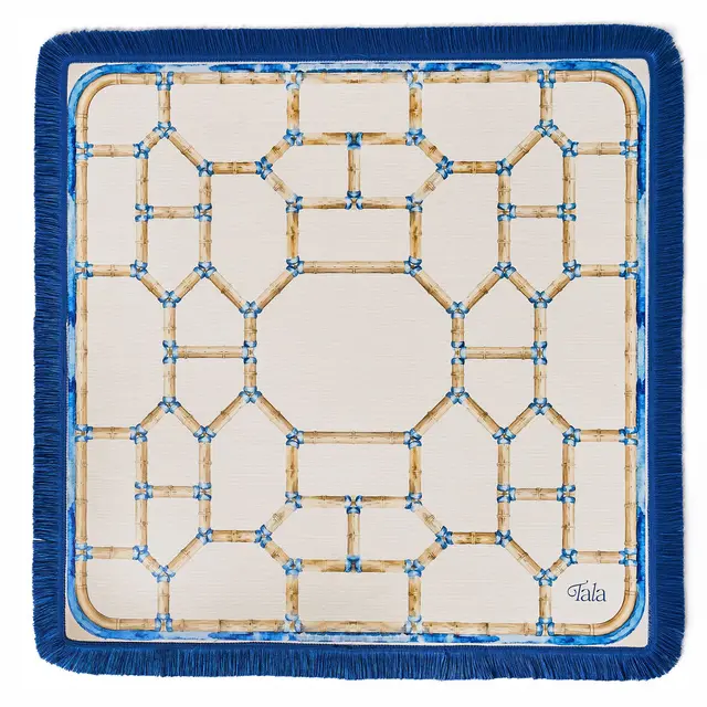 Tala Mahj The Pavilion Mahjong Mat - Bamboo Neutral with Blue Fringe