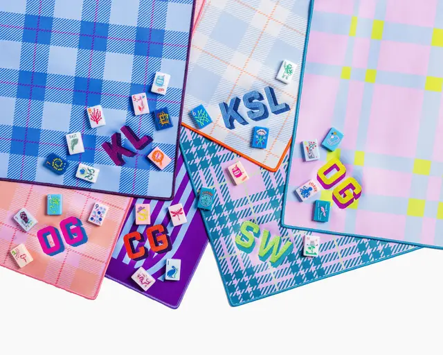 The Mahjong Line Pattern Game Mats — Plaid: Blue & Orange