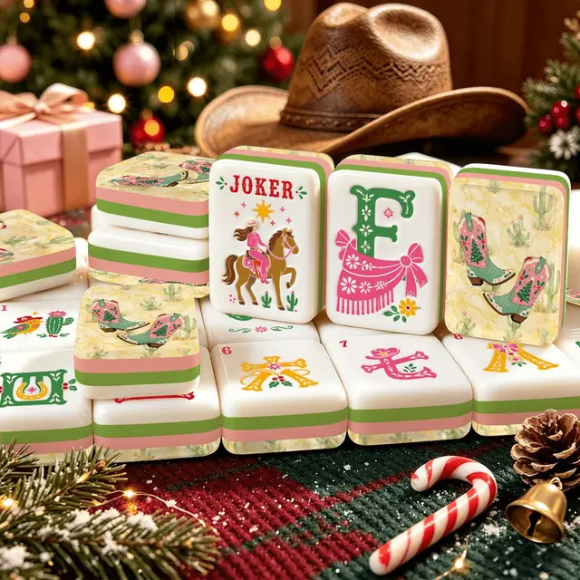 Splash Of Mahj And Color Co. Country Girl Cowboy Boots Pastel Watercolor Yellow Western Christmas Mahjong Tiles And Carry Case