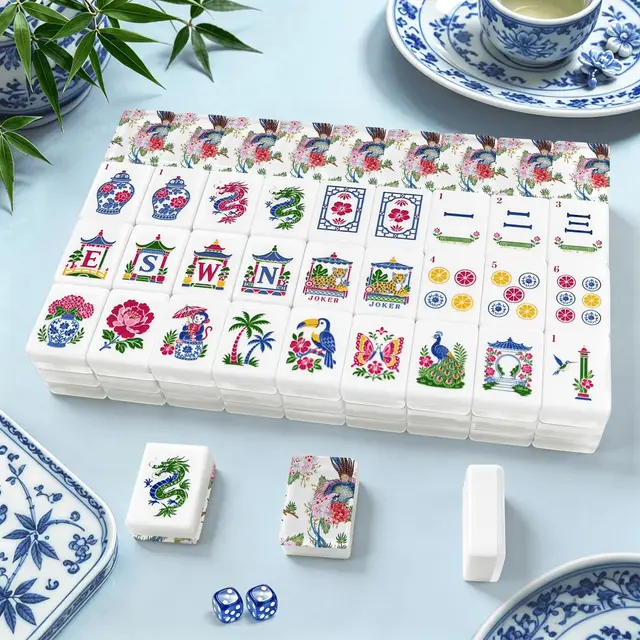 Splash Of Mahj And Color Co. Floral Blossom Bam Bird Chinoiserie American Engraved Mahjong Tiles And Carry Case
