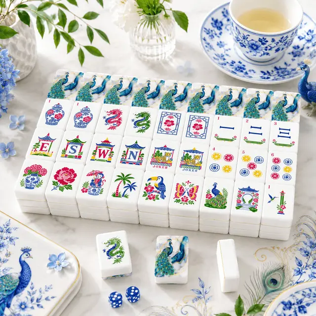 Splash Of Mahj And Color Co. Gilded Marbled Blue And Gold Peacock Chinoiserie American Mahjong Tiles And Carry Case