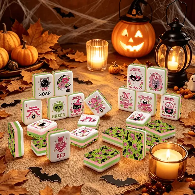 Splash Of Mahj And Color Co. Halloween Kitty Cat Brigade Green And Pink Layered Mahjong Tiles And Carry Case