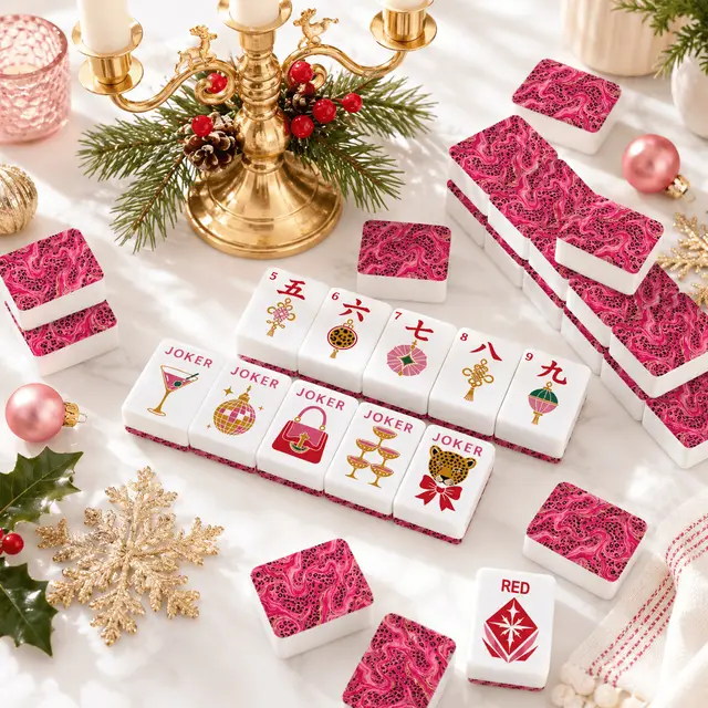 Splash Of Mahj And Color Co. Hot Pink Wild Things Christmas Mahjong Tiles And Carry Case Glam Holiday