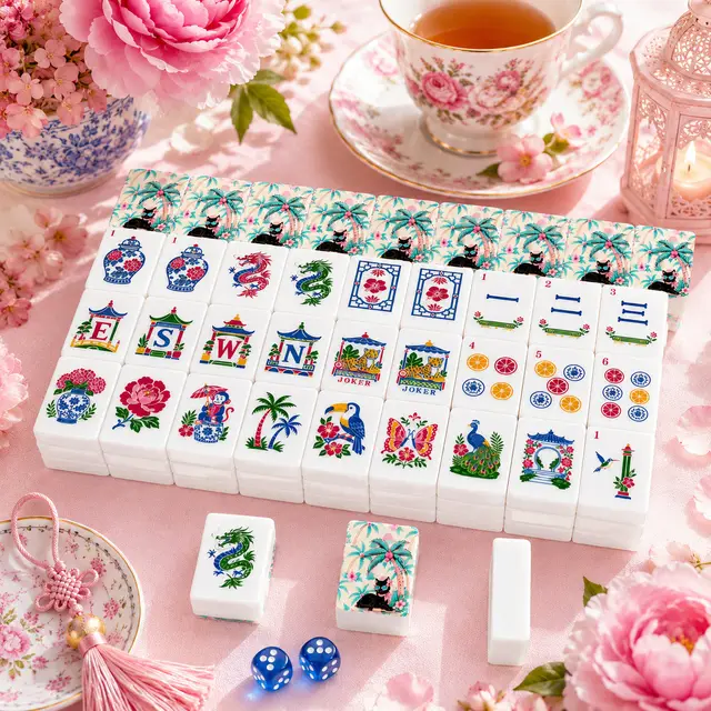 Splash Of Mahj And Color Co. Mahj Meow Tropical Paradise Chinoiserie Mahjong Tiles With Carry Case