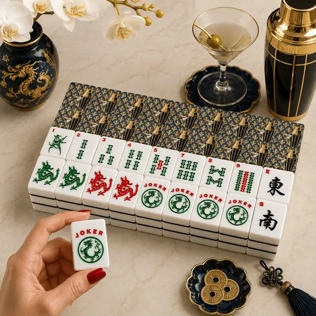 Splash Of Mahj And Color Co. Midnight Blue Art Deco American Mahjong Tiles And Carry Case