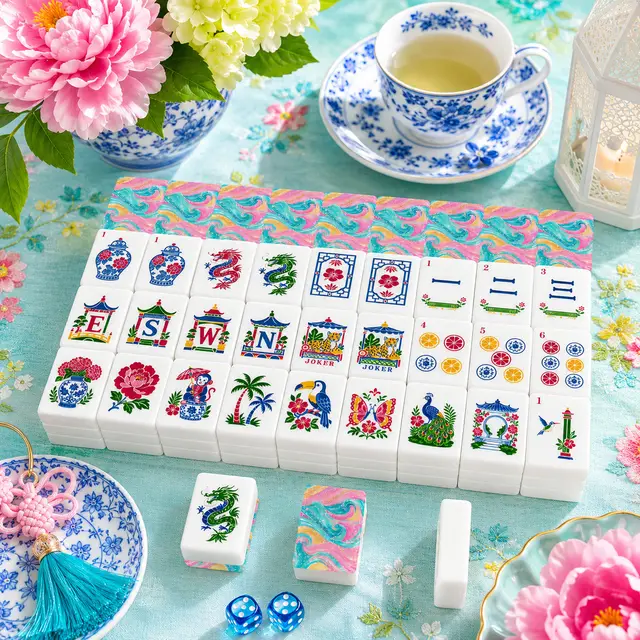 Splash Of Mahj And Color Co. The Tide Is High Chinoiserie Engraved Mahjong Tiles And Carry Case
