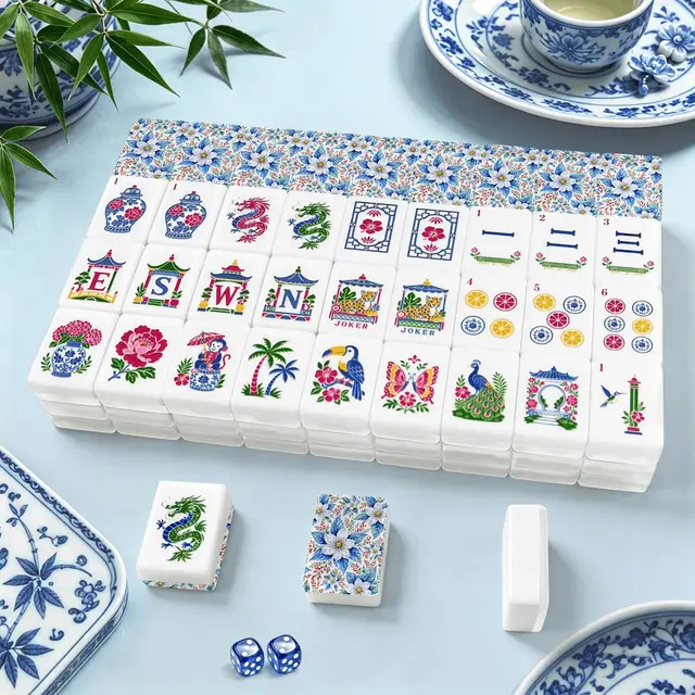Splash Of Mahj And Color Co. Tobacco Leaf Winterberry Floral Chinoiserie American Mahjong Tiles And Carry Case