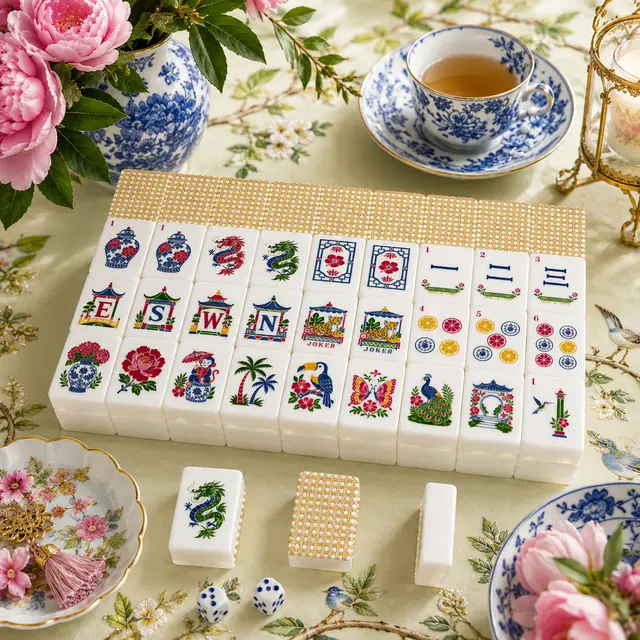 Splash Of Mahj And Color Co. Vintage Cane Back Chinoiserie American Engraved Mahjong Tiles