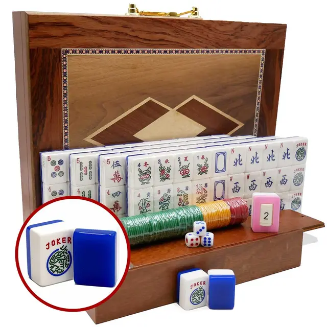 Where the Wind Blows Jumbo American Blue and White Mah Jongg Tiles in a Wooden Box