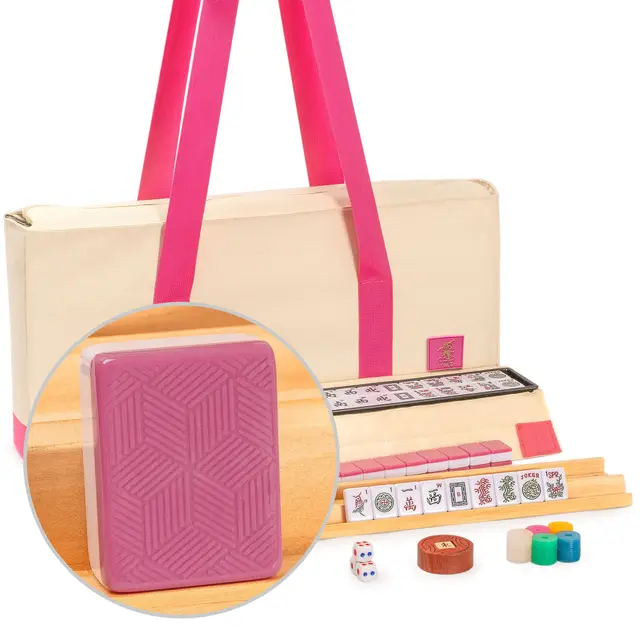 Yellow Mountain Imports American Mahjong Set,- 166 Rose-Pink Ridged-Backed Tiles, Racks with Pushers, Pink and Cream Soft Case — Rosehill
