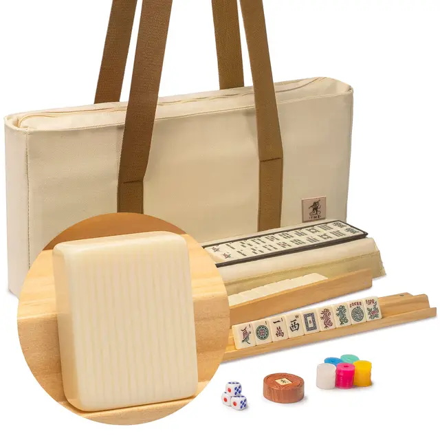 Yellow Mountain Imports American Mahjong Set,- 166 Tiles with Beige Soft Case, Wooden Racks with Pushers, Scoring Coins, Dice, & Wind Indicator — Ivory Stripes