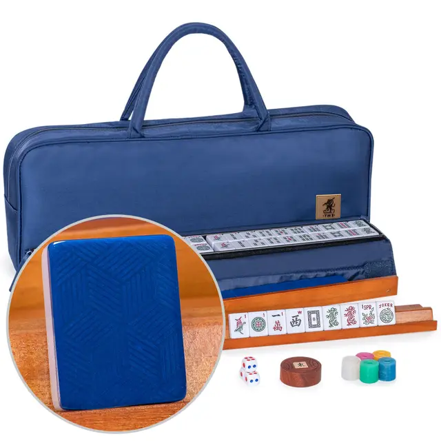Yellow Mountain Imports American Mahjong Set,- 166 Tiles with Blue Fabric Case, Wooden Racks with Pushers, Scoring Coins, Dice, & Wind Indicator — Indigo Bay