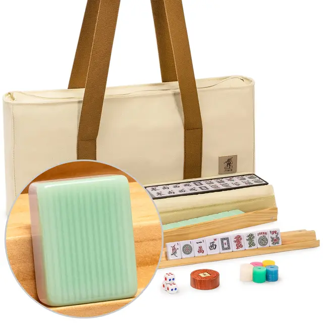 Yellow Mountain Imports American Mahjong Set,- 166 Tiles with Wooden Racks & Pushers, Wright Patterson Scoring Coins, Dice, Wind Indicator, and Soft Beige Case — Jade Horizon
