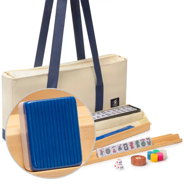 Yellow Mountain Imports American Mahjong Set, with Beige and Blue Canvas Tote Bag- Racks with Pushers, Scoring Coins, Dice, and Wind Indicator — Harbor Tide