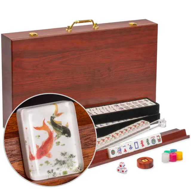 Yellow Mountain Imports American Mahjong Set, with Wooden Case- 4 Wooden Racks, Acrylic Pushers, Scoring Coins, Dice, & Wind Indicator — Koi Fish